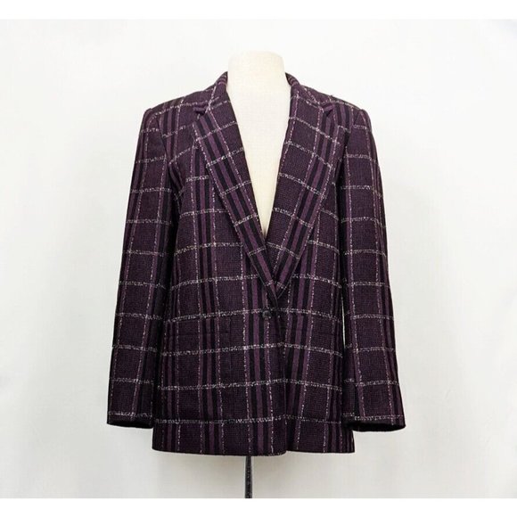 Vintage 80s Jacket Purple Black White Plaid Academia Blazer Misses Size 10 - Picture 1 of 6